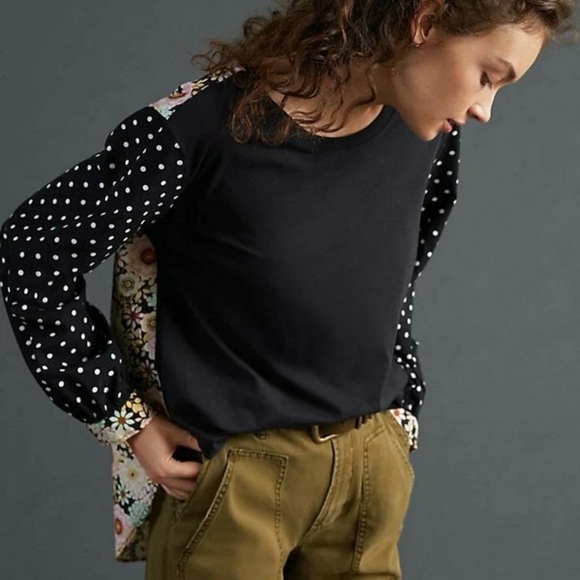Maeve Tops - Anthropologie Maeve Split-Back Top Blouse Black Polka Dot Floral Medium Cotton